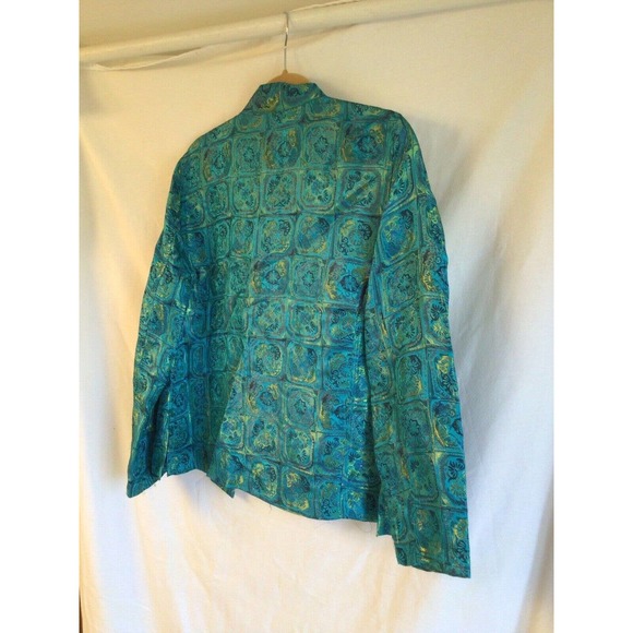 Chicos Silk Turquoise Blue Green Metallic Asian Brocade Tapestry Jacket Sz 1 - Picture 3 of 3